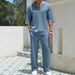 Men's Clothing New Commuter Men's Casual Shirt Solid Color Short Sleeved Trousers Two Piece Suit_viptrois.com