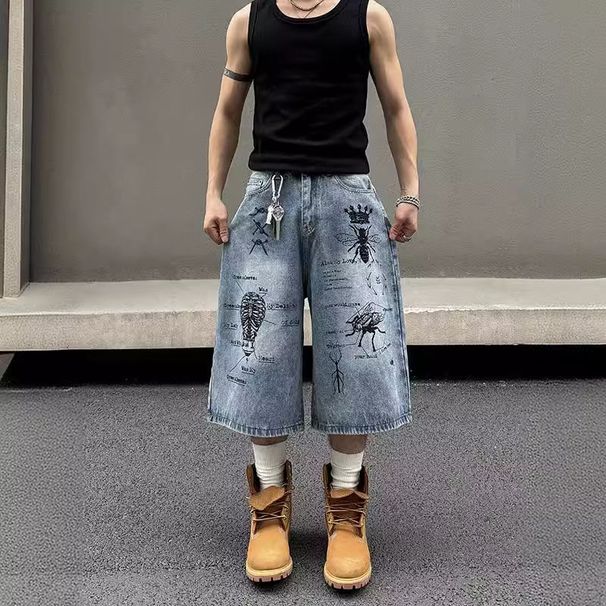 American High Street Vibe Graffiti Print Jeans Men's And Women's Summer New Loose Trendy Brand Seven-point Shorts_viptrois.com