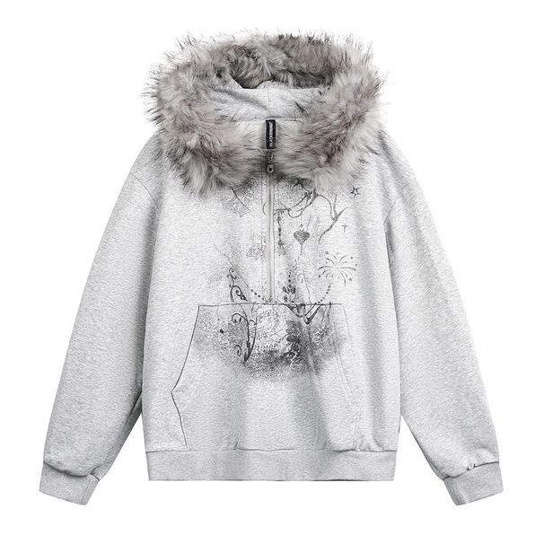 Detachable Fur Collar Hooded Sweatshirt Men, Loose Fit, Street Style, Casual Half-Zip Abstract Print Hoodie For Autumn_viptrois.com