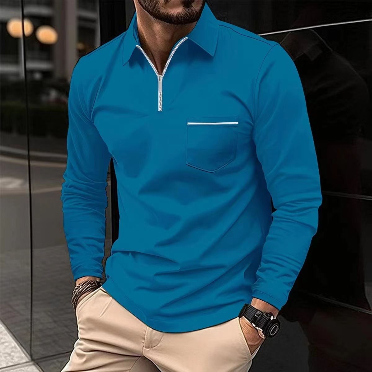 Men's Clothing Long Sleeved Polo Shirt Zipper Pocket Men's Sports Long Sleeved Tops Men_viptrois.com