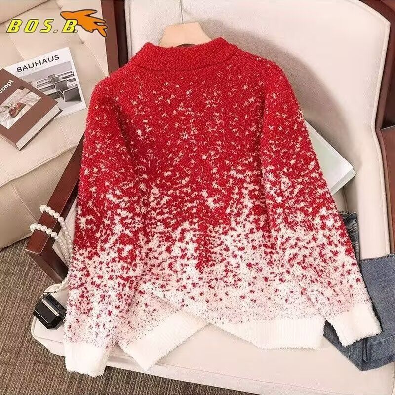 Christmas Snowflake Gradient Men's Autumn And Winter Red Round Neck Knitted Sweater Lazy Style Casual Top_viptrois.com