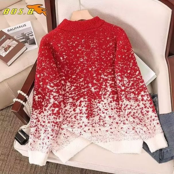 Christmas Snowflake Gradient Men's Autumn And Winter Red Round Neck Knitted Sweater Lazy Style Casual Top_viptrois.com