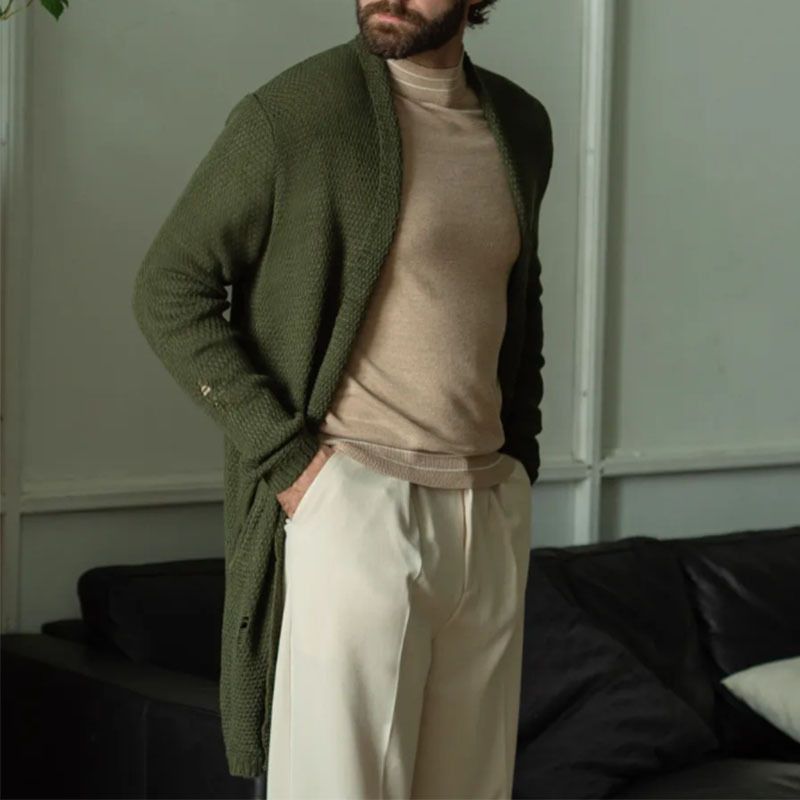 Long Knit Cardigan Jacket – Slim-Fit Polyester Blend With Notched Lapel & Pockets (S-XXXL, 3 Colors)_viptrois.com