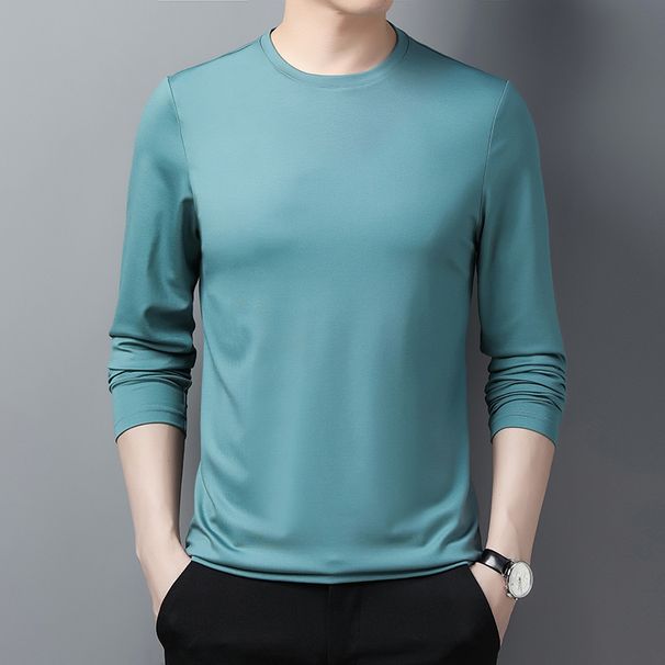 Men's Mulberry Silk Long Sleeve T-Shirt Round Neck Spring New Business Casual Versatile Top Solid Color Base Tee_viptrois.com