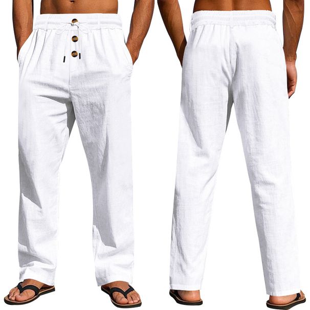 Men's Clothing Men's Casual Linen Trousers Autumn Winter Straight Leg Sporty Loose Fit Button Detail Trendy Beachwear_viptrois.com