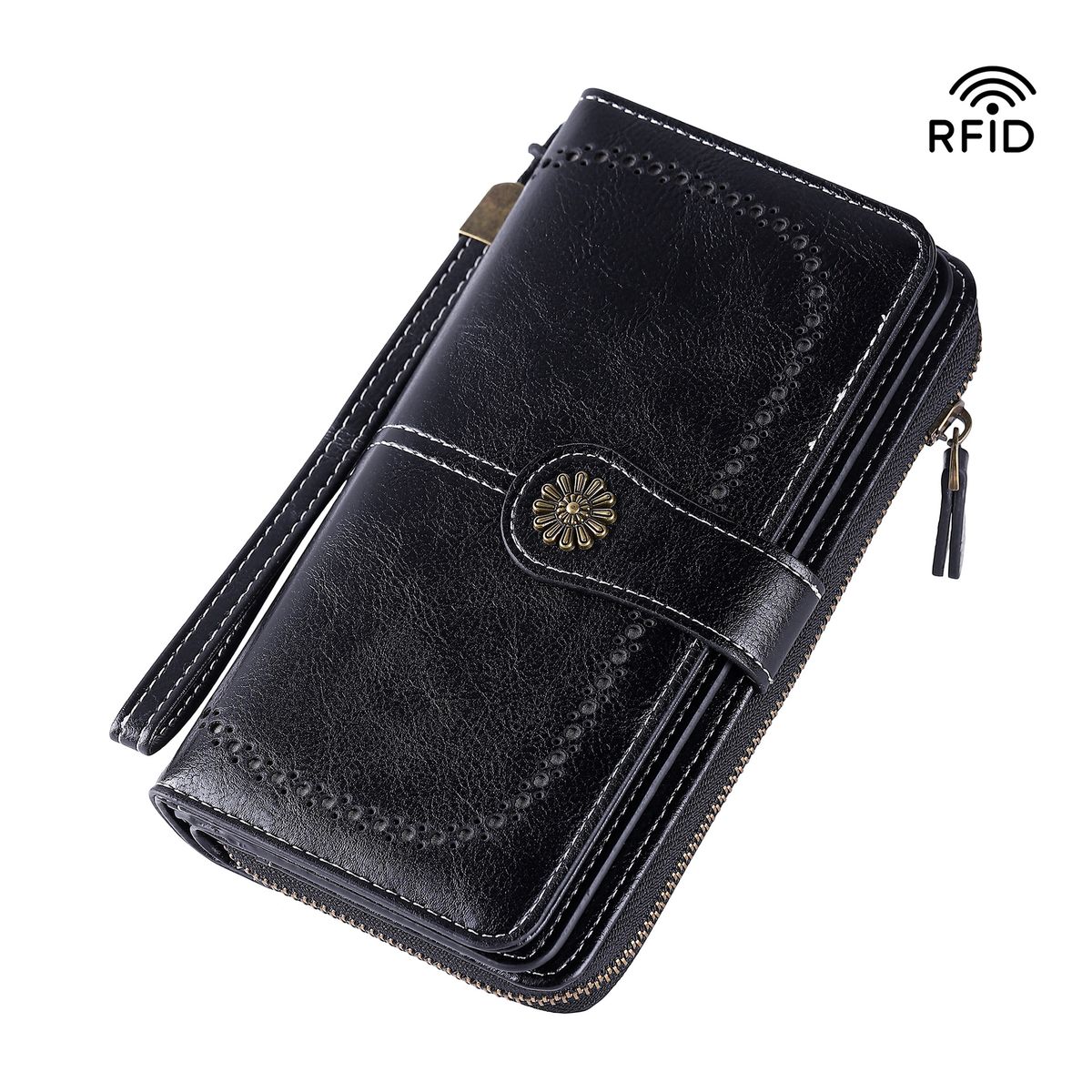 Retro Multi Function Anti Theft Brush Rfid Zipper Snap Button Large Capacity Long Women's Wallet Wallet Handbag_viptrois.com