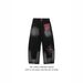 Men's Clothing Heavy Craft Embroidery Retro Red Checkered Patch Stitching Distressed Washed Black Wide Leg Jeans Drape Mopping Pants_viptrois.com