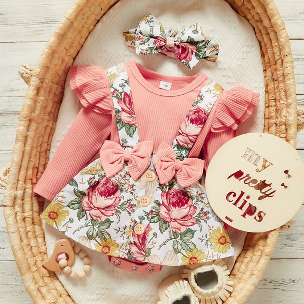 Babies' clothes children's clothing spring and autumn baby pit strip small flying sleeve triangle romper floral bow suspender skirt suit skirt_viptrois.com