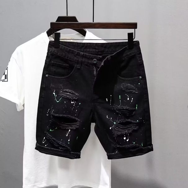 Summer Distressed Thin Denim Shorts, Men's Black Versatile, Washed Slim Fit, 5/4 Mid Length Pants, Trendy Brand Youth_viptrois.com