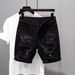 Summer Distressed Thin Denim Shorts, Men's Black Versatile, Washed Slim Fit, 5/4 Mid Length Pants, Trendy Brand Youth_viptrois.com