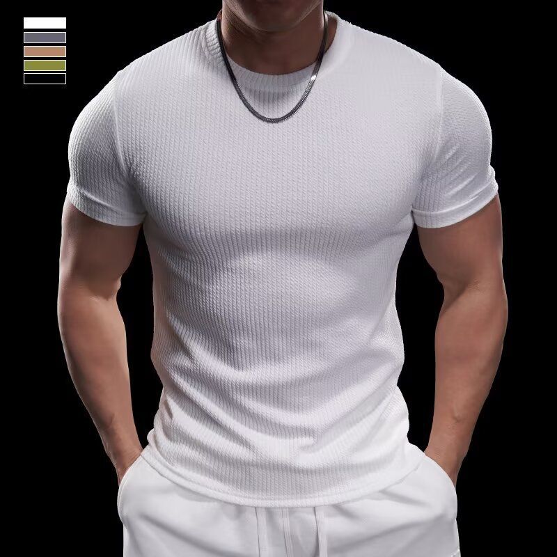 Men's Clothing New Summer Men's Short Sleeved Fitness Training Ribbed Vertical Round Neck Hollow Mesh Comfortable Solid Color Bottoming Shirt T Shirt_viptrois.com