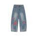 Men's Clothing Heavy Craft Embroidery Retro Red Checkered Patch Stitching Distressed Washed Black Wide Leg Jeans Drape Mopping Pants_viptrois.com