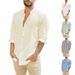 Men's Clothing Linen Cardigan Solid Color Casual Stand Collar Long Sleeve Shirt_viptrois.com