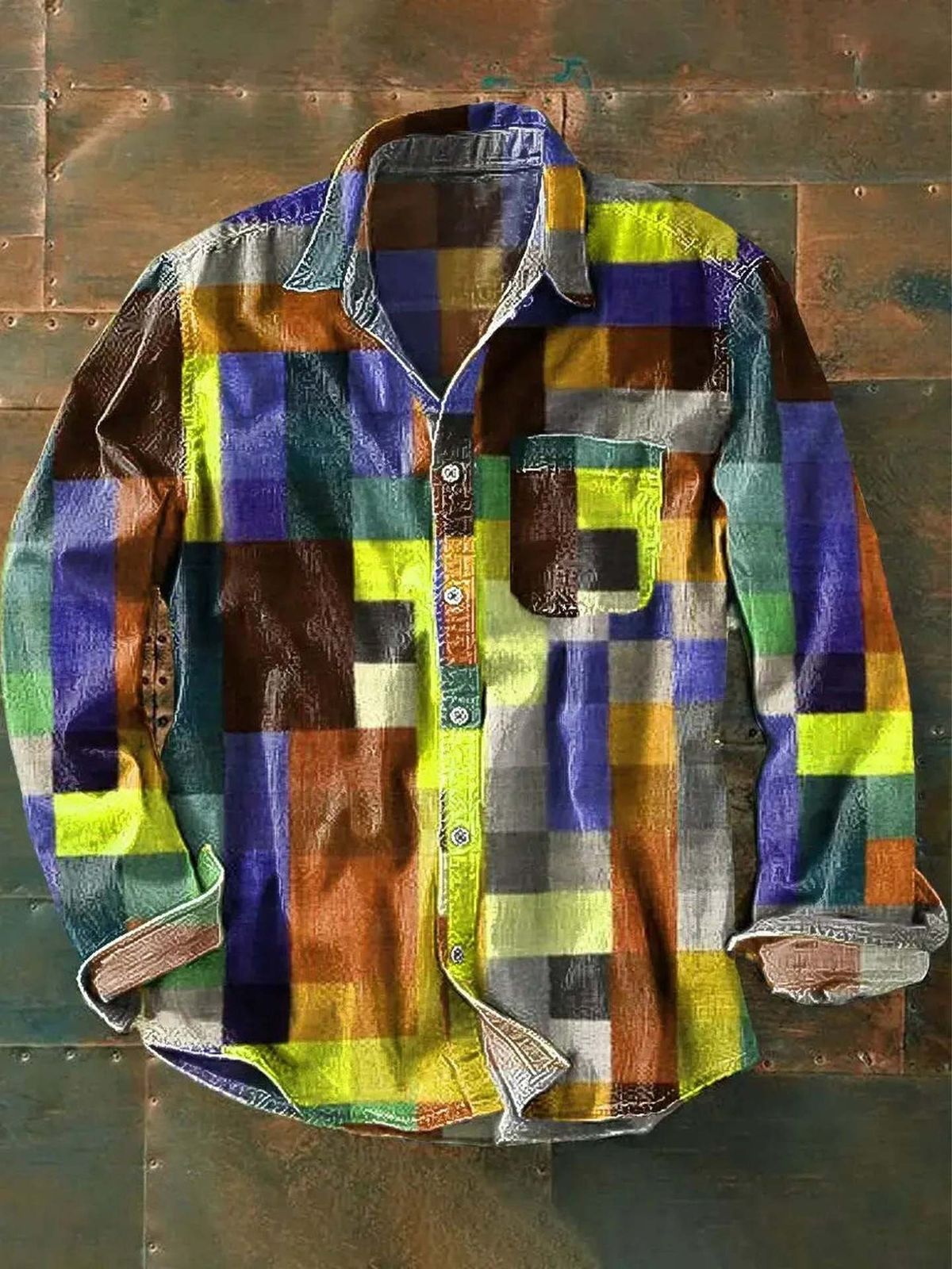 Men's Clothing Men's Tops Retro Style Color Print Long Sleeved Button Shirt Rainbow Shirt_viptrois.com
