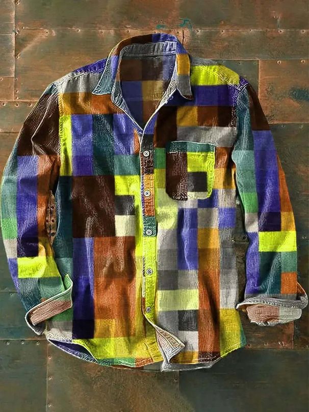 Men's Clothing Men's Tops Retro Style Color Print Long Sleeved Button Shirt Rainbow Shirt_viptrois.com