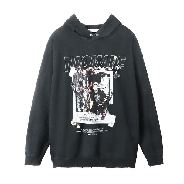 Street Style INS American Character Print Washed Vintage Hoodie Men's Hip Hop Loose Pullover With Side Pockets_viptrois.com