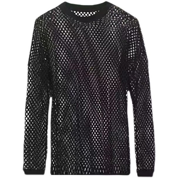 Mesh Sexy Hollow Perspective Nightclub Shirt Men's Long Sleeve Fitness Cotton T-shirt Breathable Clothing Shoulder Drop_viptrois.com