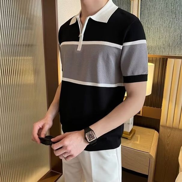 Men's Clothing Casual Contrast Color Stitching Polo Shirt Men's Short Sleeve Summer New Version Loose Zipper Lapel Half Sleeve T_viptrois.com