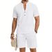 Men's Linen Blend Short Sleeve Henley And Shorts Set - Breathable Workwear Style Summer Outfit, Relaxed Fit Casual Two-Piece_viptrois.com