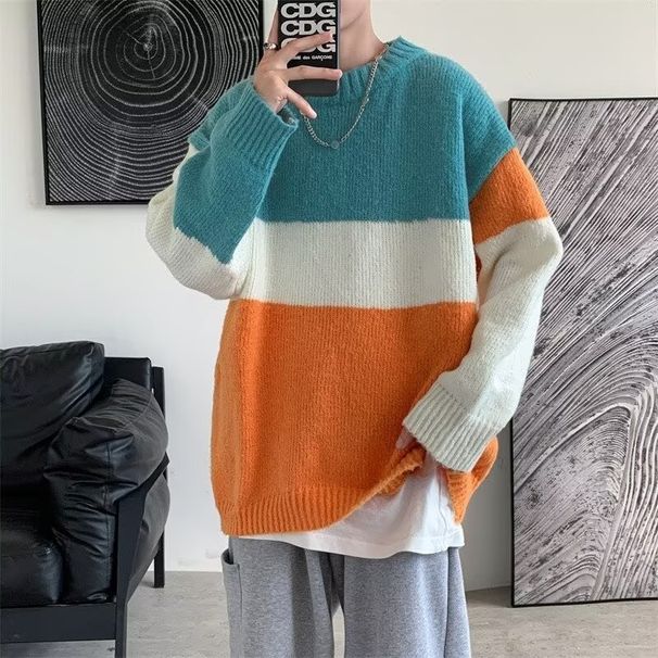 New striped sweater for men, trendy loose round neck knit sweater for autumn and winter, lazy style, personalized Harajuku_viptrois.com