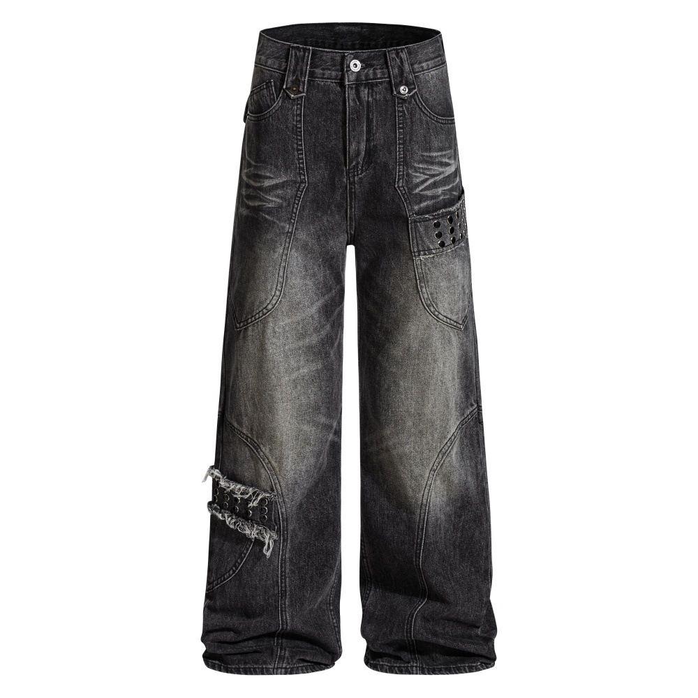 Hip-Hop Trend Niche Wide-Leg Denim Men's Vibe Style Heavy-Duty Washed Large Pocket Workwear Pants_viptrois.com