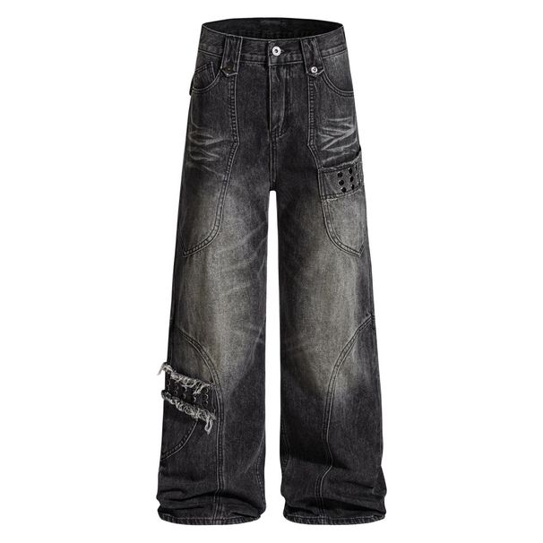 Hip-Hop Trend Niche Wide-Leg Denim Men's Vibe Style Heavy-Duty Washed Large Pocket Workwear Pants_viptrois.com