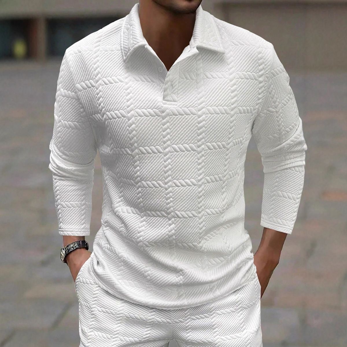 Men's Clothing Men's Retro Polo Shirt Long Sleeve – Jacquard Knit Casual Top (S-XXL, White, Polyester)_viptrois.com