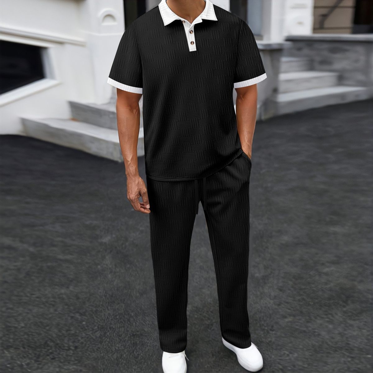Men's Summer Collection Jacquard Lapel Two-Tone Polo Shirt Short-Sleeved & Long Pants Set European & American Style_viptrois.com