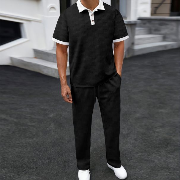 Men's Summer Collection Jacquard Lapel Two-Tone Polo Shirt Short-Sleeved & Long Pants Set European & American Style_viptrois.com