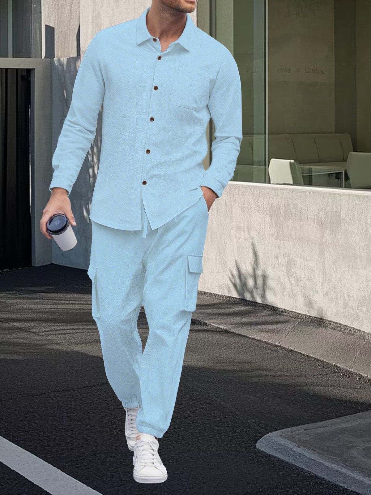 European And American Cross Border Trend Men's Loose Casual Button Down Cardigan Long Sleeved Lapel Linen Shirt Workwear Trousers Suit_viptrois.com