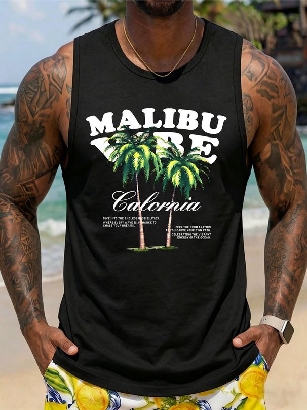 Canotta Uomo Girocollo 100% Cotone Stampa Scritta Stile California Morbida Traspirante Senza Maniche Vacanze Fitness Casa Notte Multicolore_viptrois.com