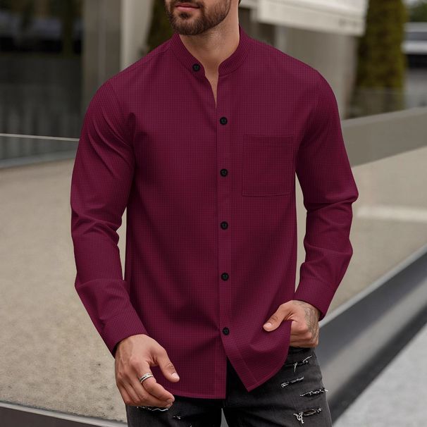 Men's Waffle Knit Button-Up Stand Collar Long Sleeve Shirt - Lightweight Breathable Casual Pullover For Fall (S-XXXL, Solid Colors)_viptrois.com