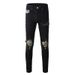 Men's Clothing American High Street Black Men's Cross Border Jeans Slim Fit Ripped Leopard Patch Beggar Stretch Trendy Men's Clothing_viptrois.com