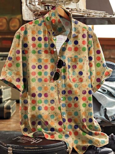 Men's Vintage Print Short Sleeve Shirt, Relaxed Fit Cuban Collar Hawaiian Shirt For Summer, Breathable Polyester Casual Vacation Top_viptrois.com