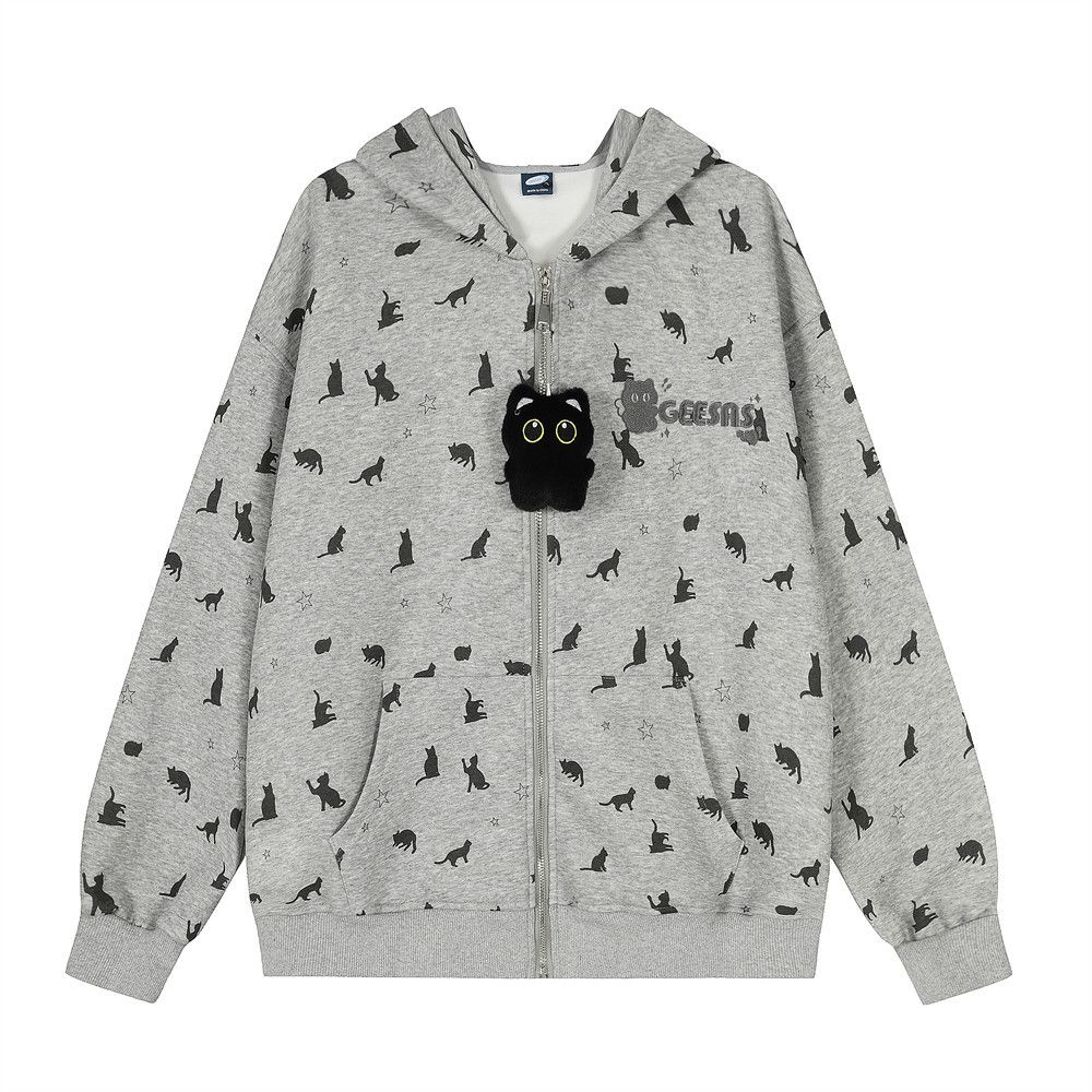 Full Print Cartoon Kitten Hooded Sweatshirt Jacket For Men Street Vibe Trendy Brand Design Sense Niche Loose Fit Sports_viptrois.com
