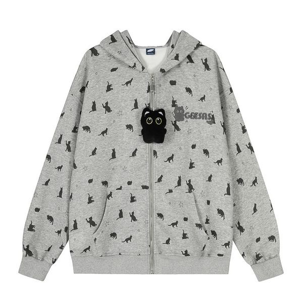 Full Print Cartoon Kitten Hooded Sweatshirt Jacket For Men Street Vibe Trendy Brand Design Sense Niche Loose Fit Sports_viptrois.com