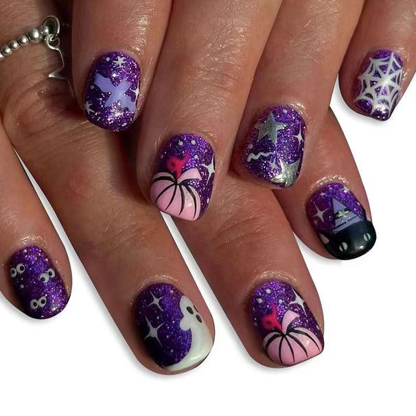 Short Gloss Halloween Cobweb Pumpkin Ghost Bat Purple Glitter Gypsophila Wear Nail Art Patch 24_viptrois.com