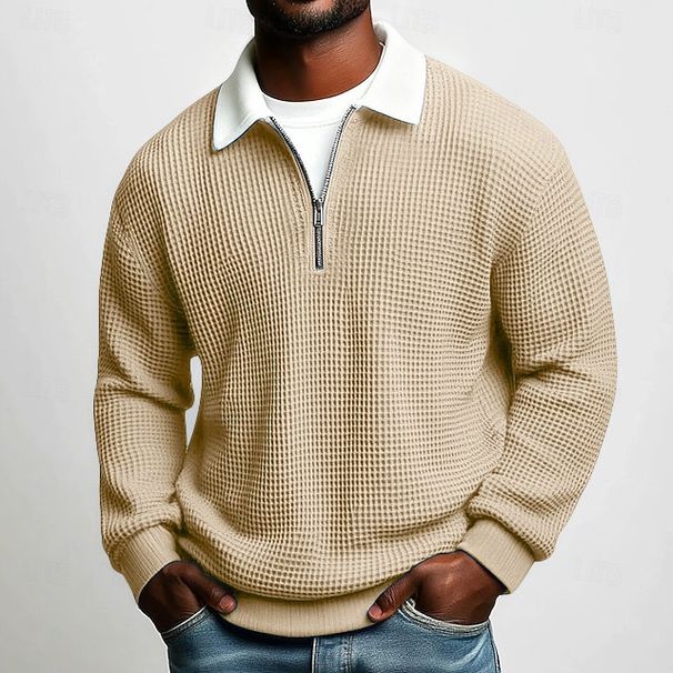Men's Half-Zip Collar Sweatshirt – Color-Block Grid Design, Breathable Long Sleeve For Gym & Casual Wear_viptrois.com