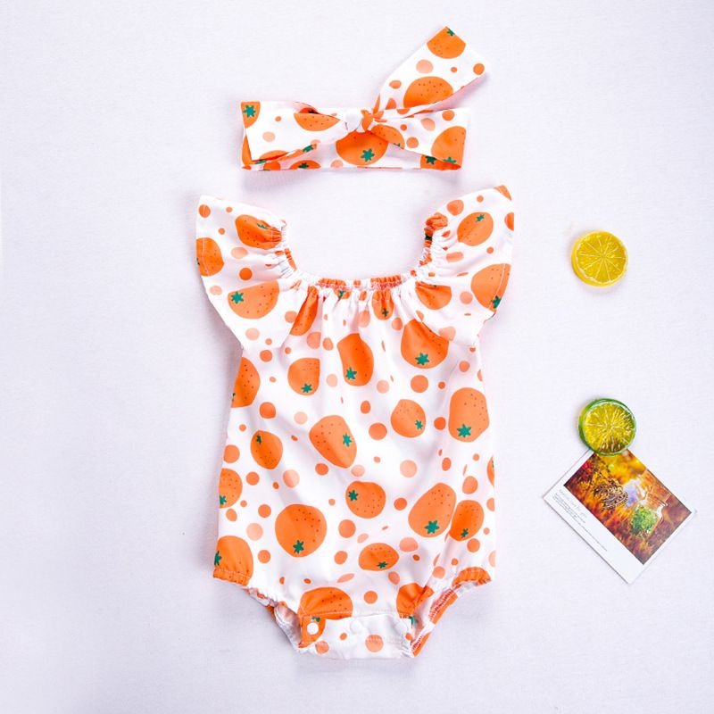 Baby clothes newborn baby one-piece clothes summer baby girl printing fly-sleeved coat super cute one-piece crawling clothes hair accessories 2 sets_viptrois.com