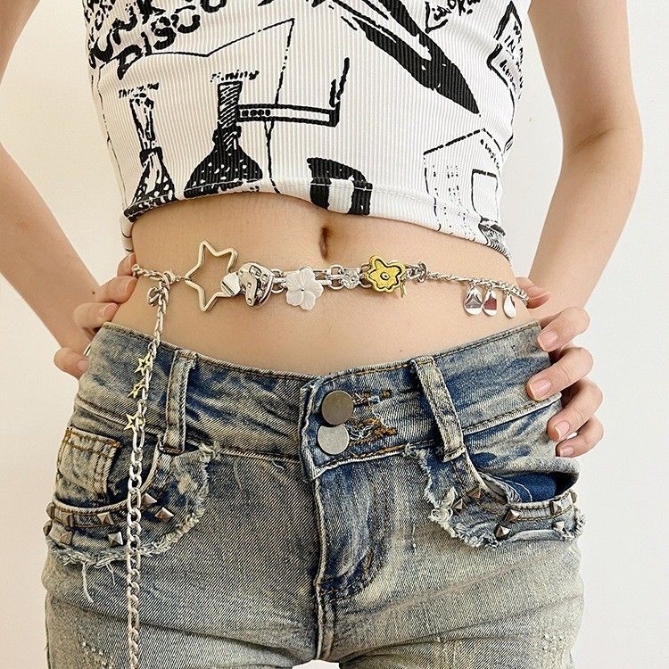 Y2K Layered Waist Chain - Adjustable Love Flower Body Jewelry For Retro Outfits_viptrois.com