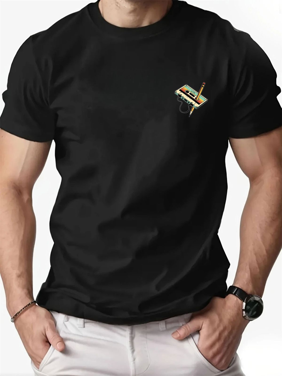 Maglietta Uomo 180g Cotone Puro Girocollo Stampa Matita Musicassetta Vintage Traspirante Comoda Top Estivo Taglio Regolare Casual Moda Giovanile_viptrois.com