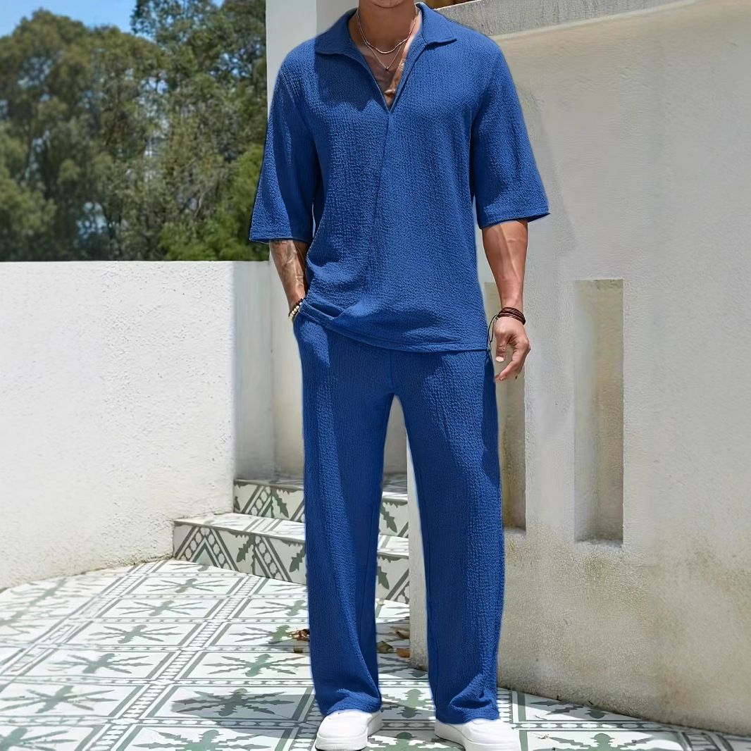Men's Clothing New Commuter Men's Casual Shirt Solid Color Short Sleeved Trousers Two Piece Suit_viptrois.com