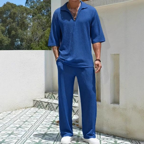 Men's Clothing New Commuter Men's Casual Shirt Solid Color Short Sleeved Trousers Two Piece Suit_viptrois.com