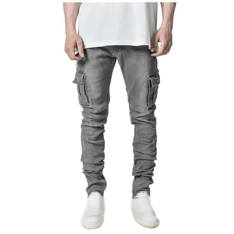 Men's Clothing Men's Slim Fit Cargo Jeans With Side Pockets - Stretch Denim Pants For Streetwear & Casual Style (Black, Light Blue, Light Grey)_viptrois.com