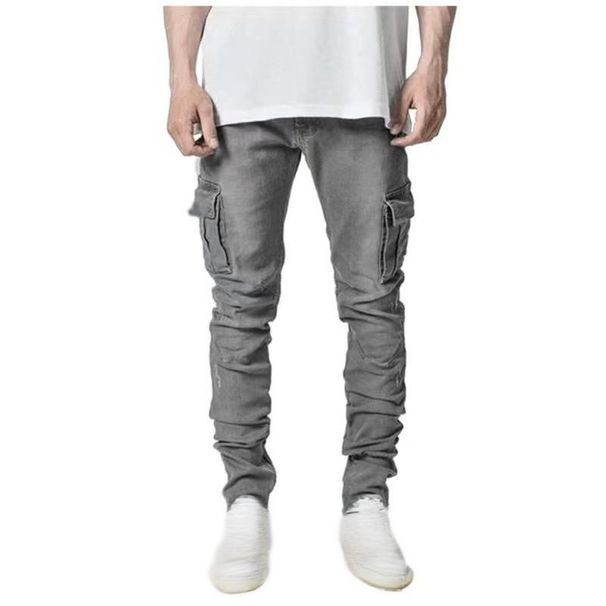 Men's Clothing Men's Slim Fit Cargo Jeans With Side Pockets - Stretch Denim Pants For Streetwear & Casual Style (Black, Light Blue, Light Grey)_viptrois.com