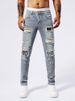 Men's Premium Distressed Denim Jeans With Patchwork Details - Vintage Wash Tapered Fit Streetwear Pants_viptrois.com