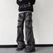 Man's clothing Black vintage furred jeans men's fashion vibe wide-leg pants High street plankton handsome mop pants_viptrois.com