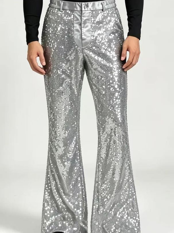 Men's Disco Sequins Flare Pants, 70s Retro Glitter Wide Leg Bell Bottoms For Stage Performance & Party, Silver Gold Black_viptrois.com