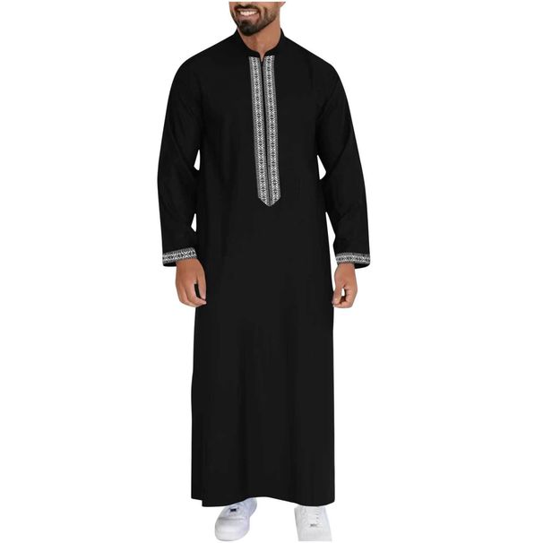 Men's Clothing Simple Long Stand Collar Zipper Muslim Robe_viptrois.com