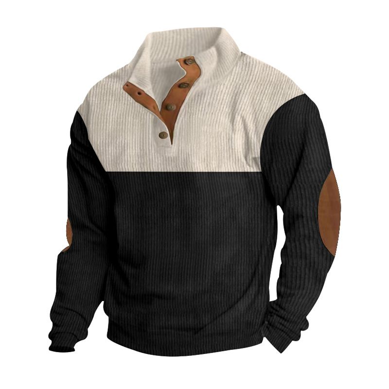 Men's Clothing Spring and Autumn Men's Outdoor Leisure Button Stand Collar Loose Corduroy Color Matching Sports Sweater Trend_viptrois.com